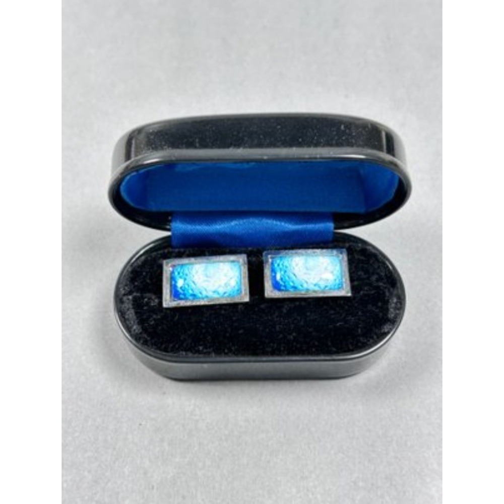 Sonia Spencer England Blue Marbled Enamel Rectangle Cufflinks Silver Tone Case
